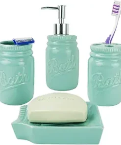 4-Piece Ceramic Mason Jar Bathroom Set (Mint), by Home Basics Beautiful and Contemporary Design Bathroom Accessory Sets Bath Accessories for Bathroom