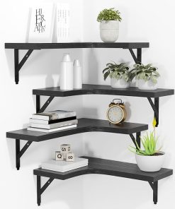 Corner Floating Shelves Wall Mounted Set of 4, Rustic Wood Storage Display Wall Shelves for Home Decor, Bathroom, Kitchen, Bedroom, Living Room, Office (Black)