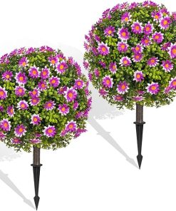 Faux Outdoor Plants - 18" Wide Set of 2 Artificial Boxwood Plants Outdoor, UV Resistant Artificial Topairy Ball Trees with Spike for Outdoor Decor